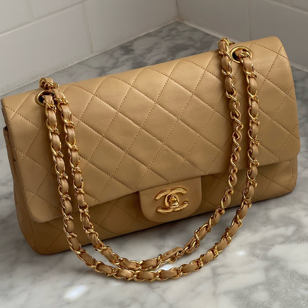 Authentic Chanel Classic Double Flap in Beige with Gold Hardware